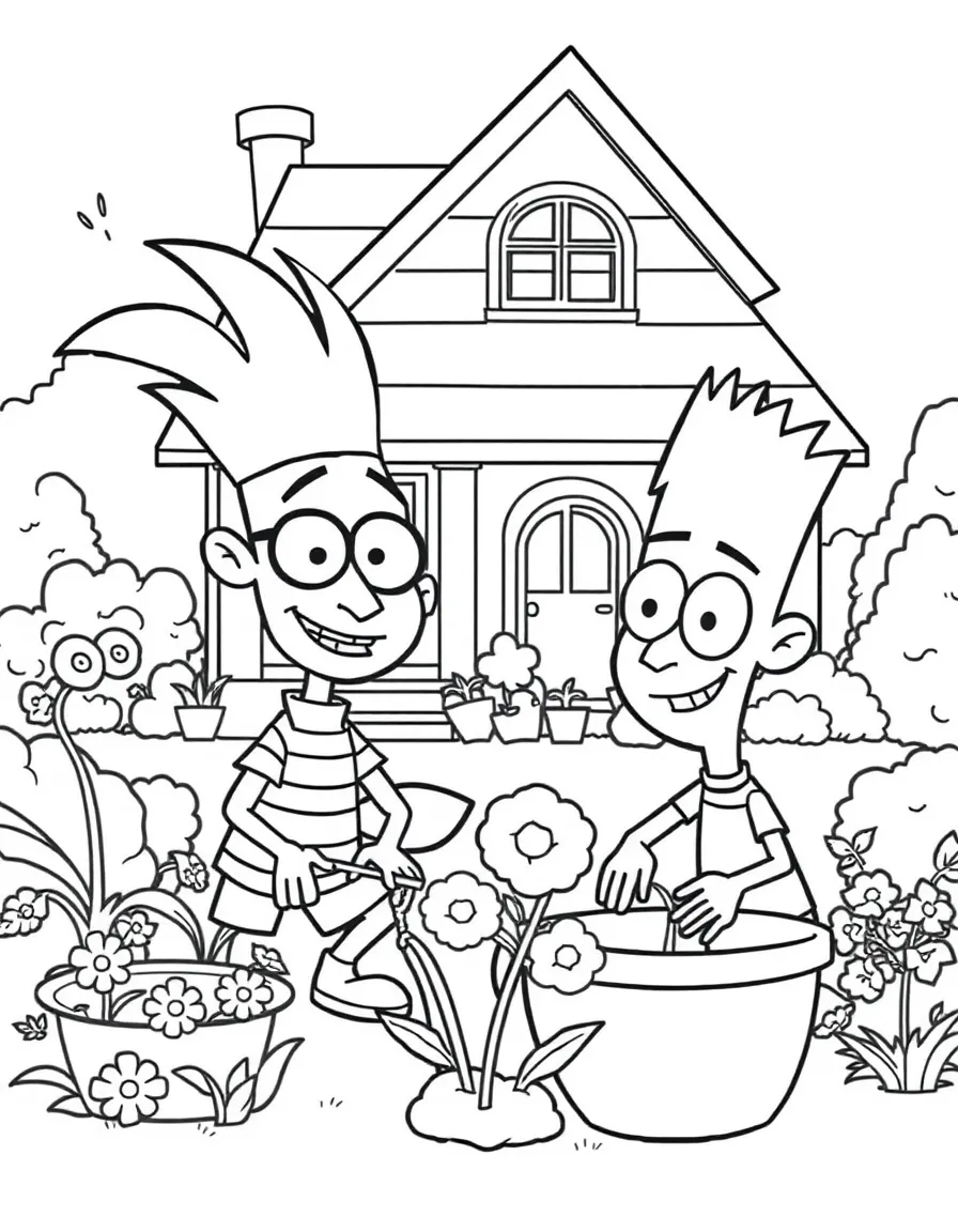 Phineas and Ferb gardening, in front of their famous house or scene.