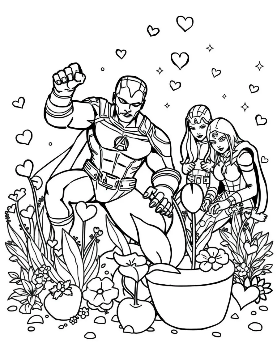 Avengers gardening, with hearts and sparkles around.