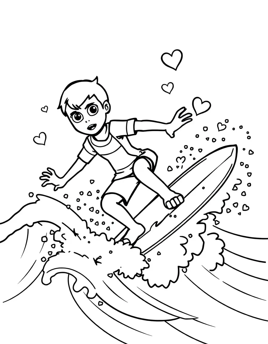 Ben 10 surfing on waves, with hearts and sparkles around.