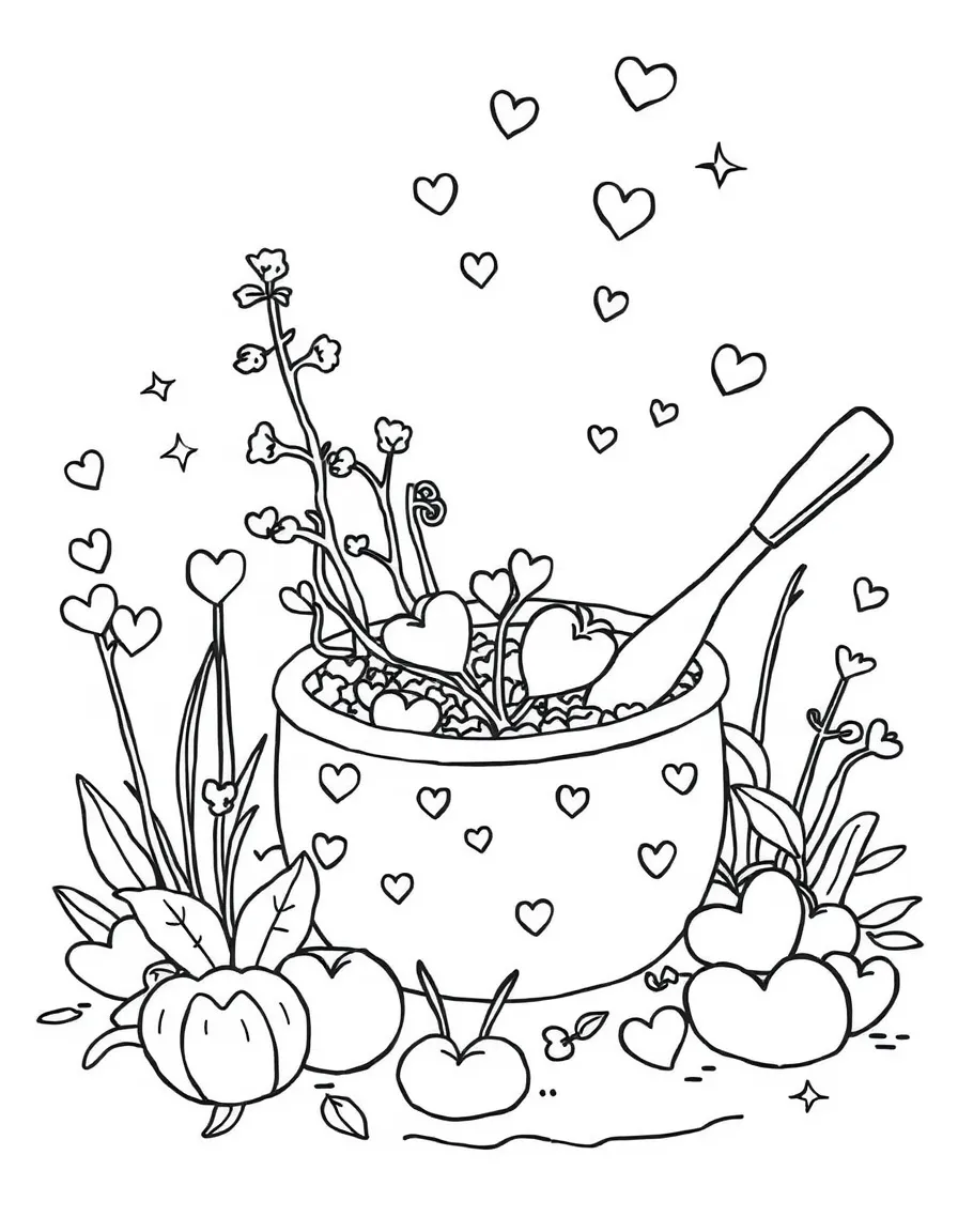 Chowder gardening, with hearts and sparkles around.