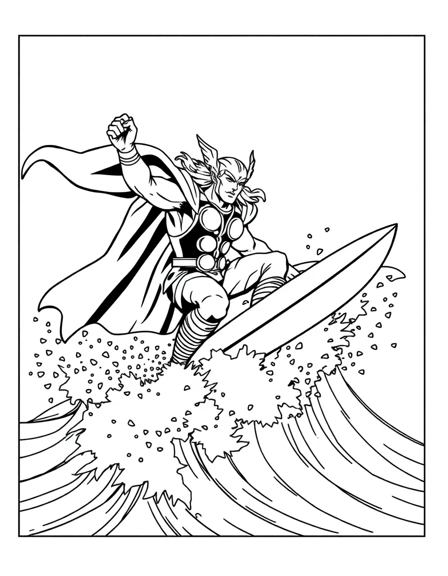 Thor surfing on waves, inside a comic book frame.