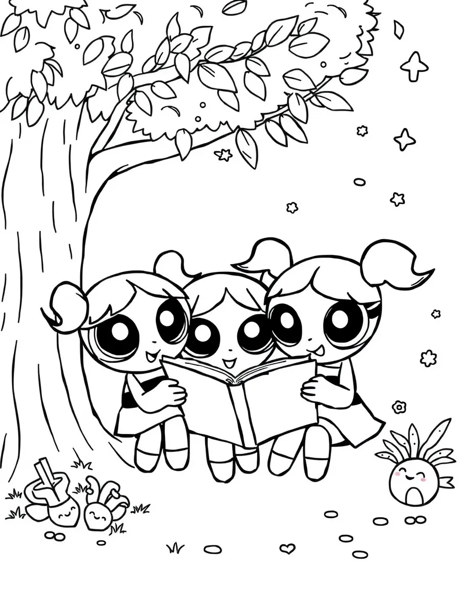 Powerpuff Girls reading a book under a tree, with fun background elements.