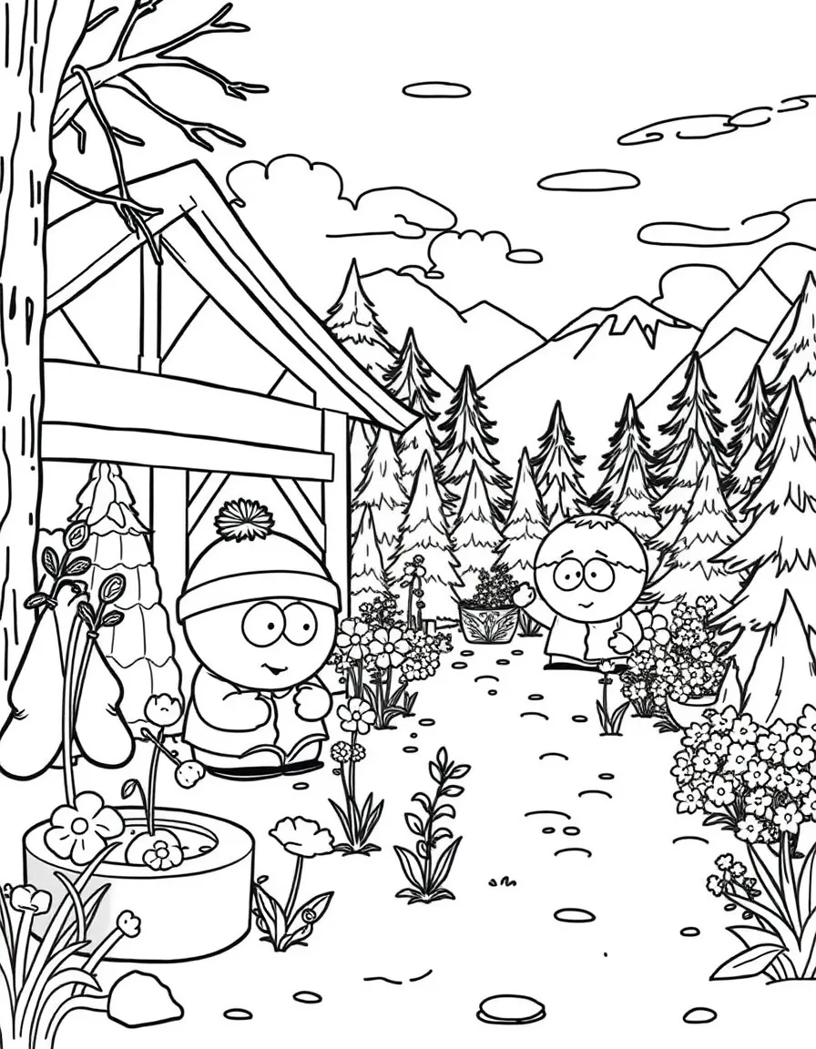 South Park gardening, in a magical forest setting.