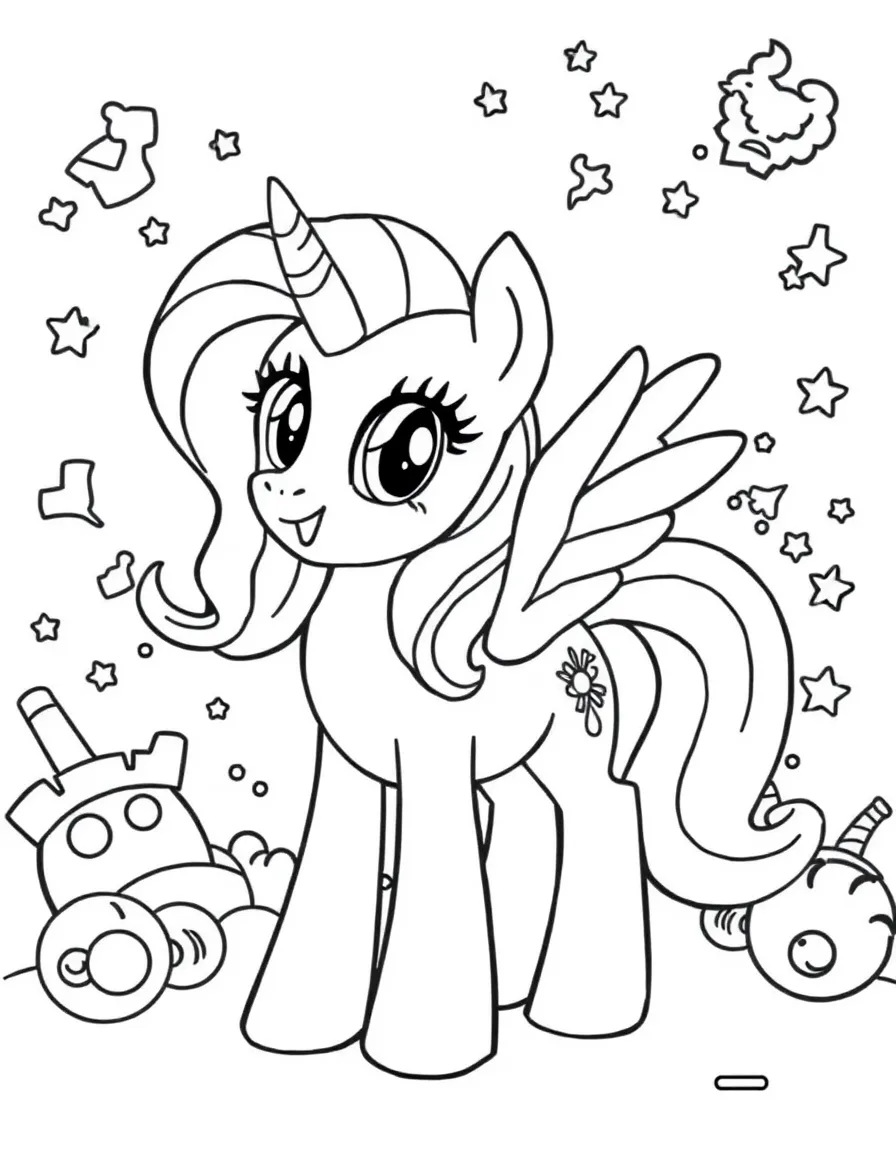 My Little Pony posing heroically, with fun background elements.