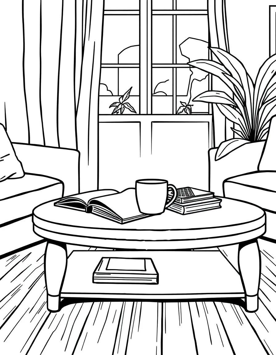 a coffee table with a mug and magazines