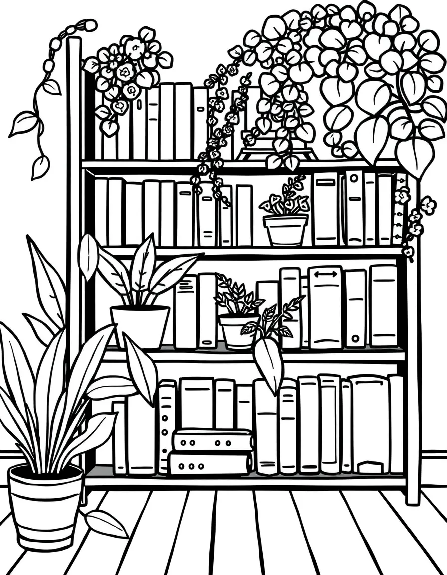a bookshelf with plants and books