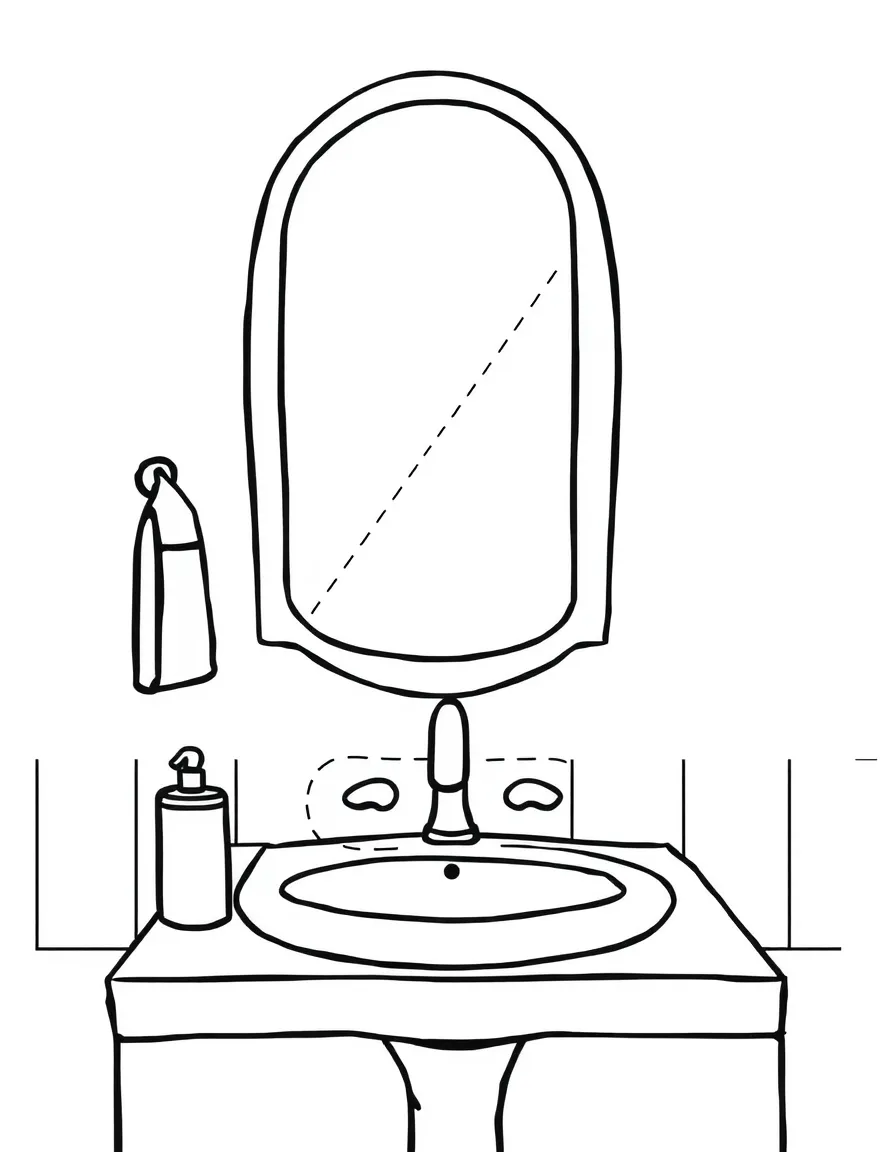 a sink with a mirror and soap dispenser
