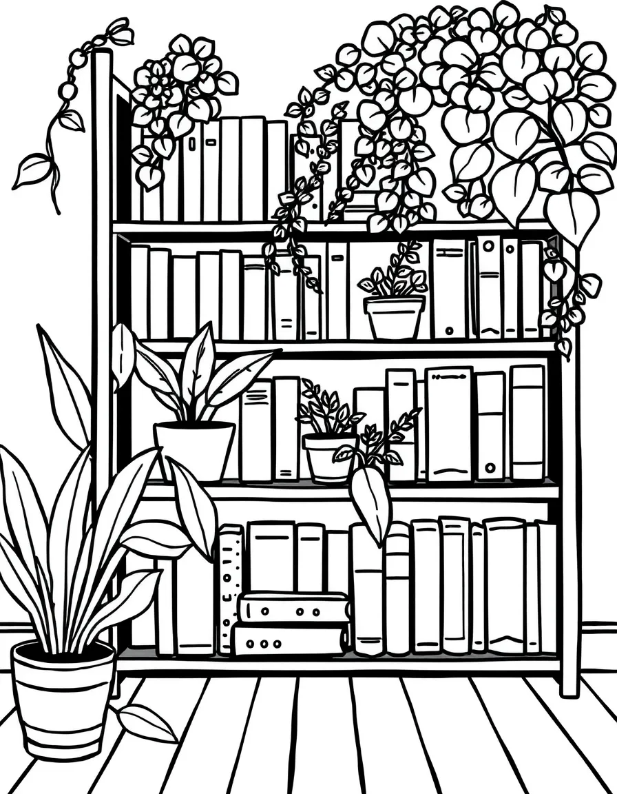 a bookshelf with plants and books