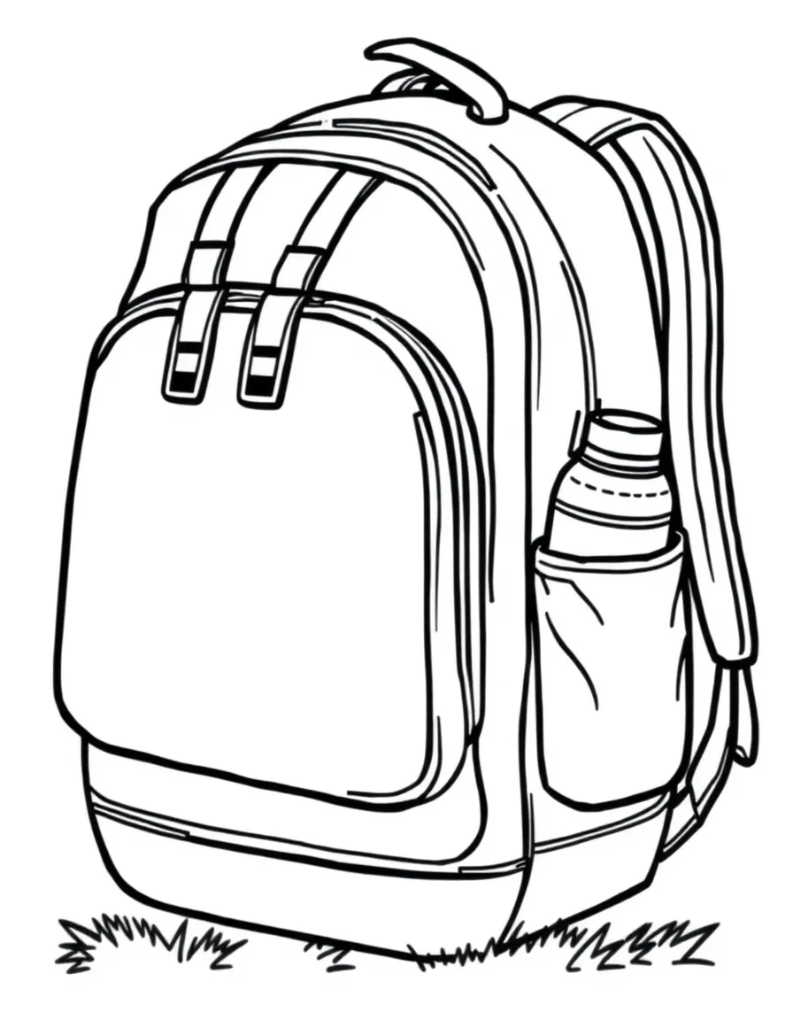a backpack with a water bottle in the side pocket