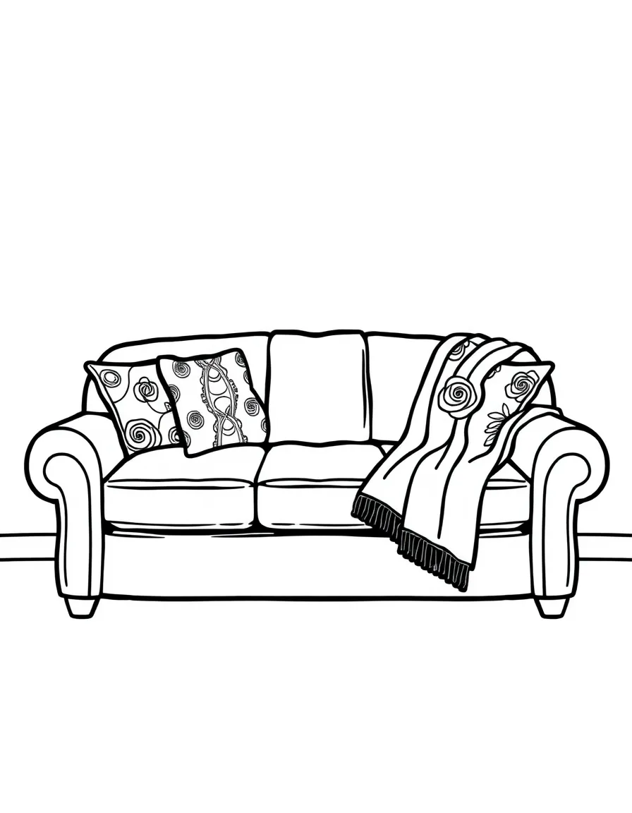 a couch with patterned cushions and a throw blanket