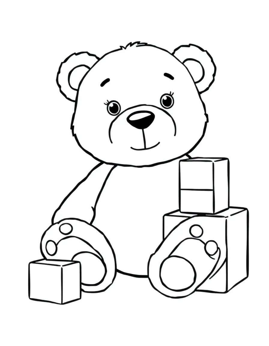 a teddy bear sitting next to building blocks