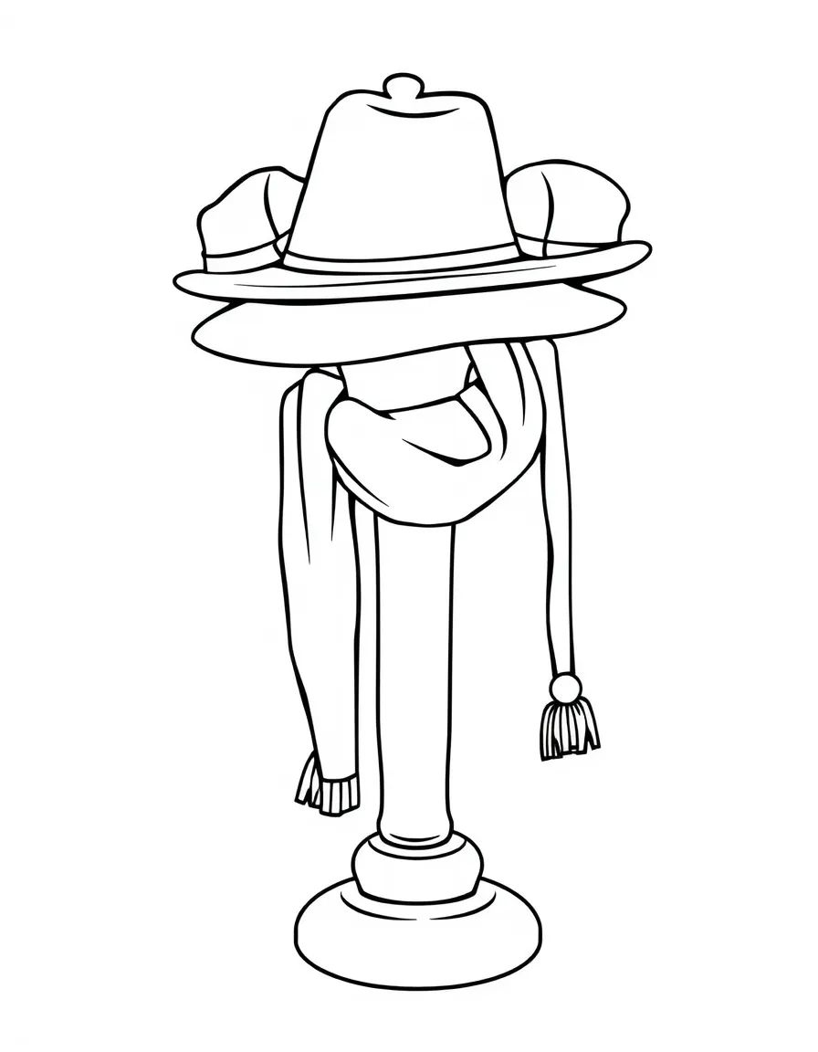 a hat stand with caps and scarves
