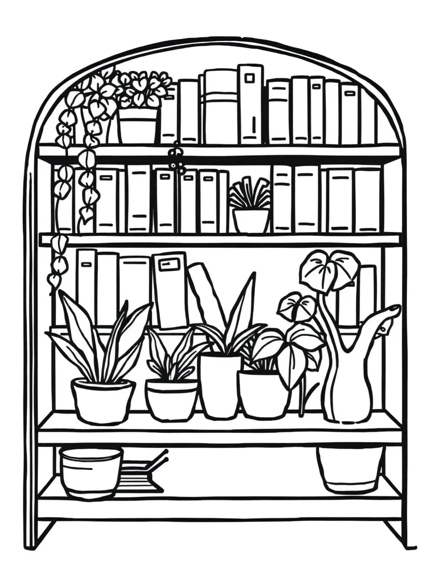 a bookshelf with plants and books