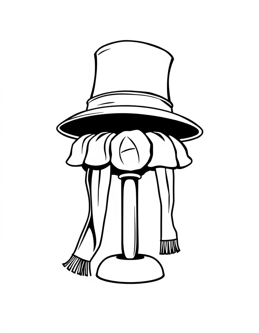 a hat stand with caps and scarves