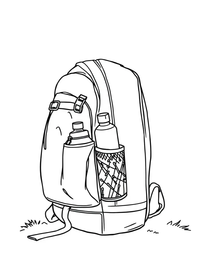a backpack with a water bottle in the side pocket