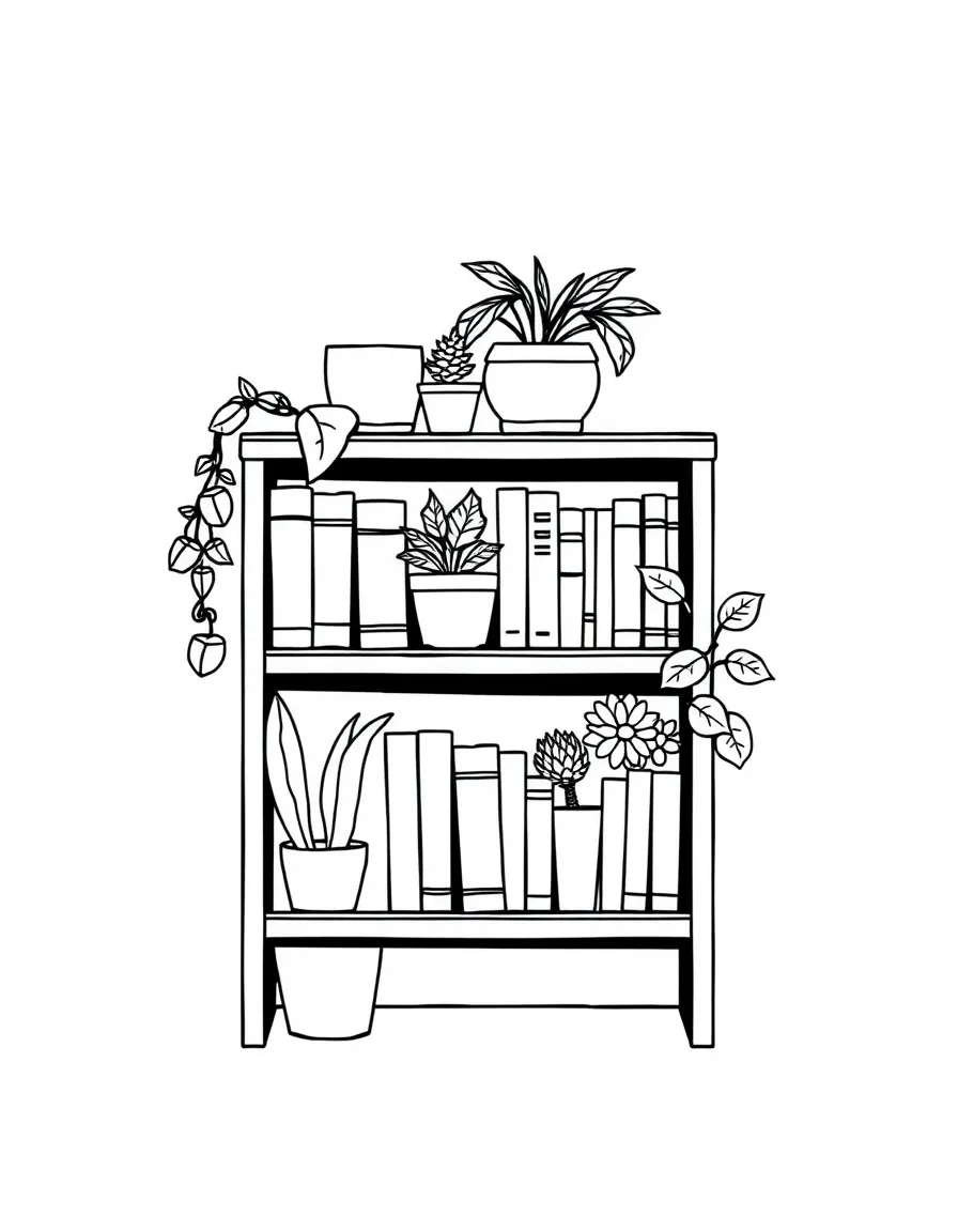 a bookshelf with plants and books