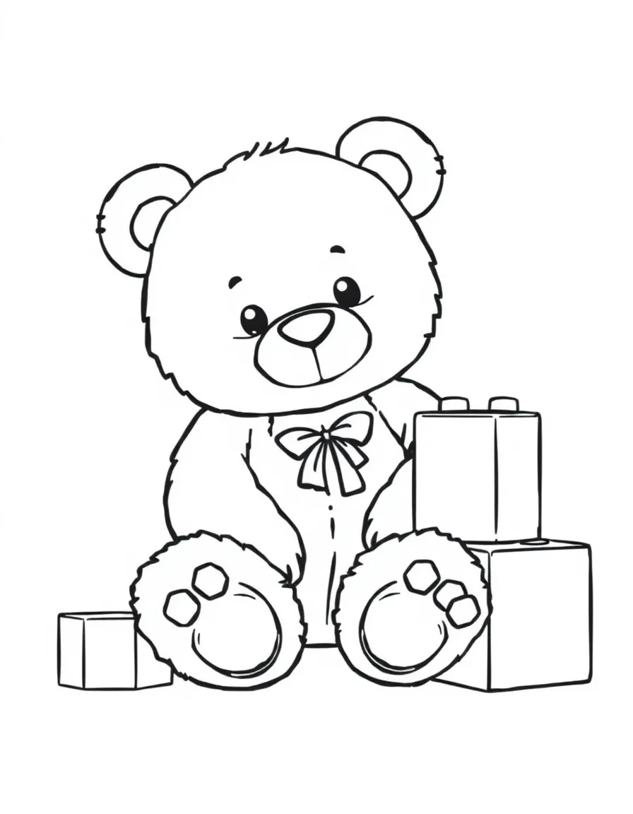 a teddy bear sitting next to building blocks