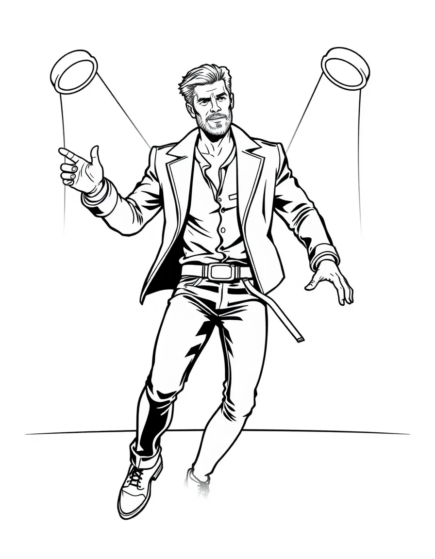 Chris Hemsworth dancing on a stage with spotlights and fun outfits – a fun and kid-friendly coloring page.