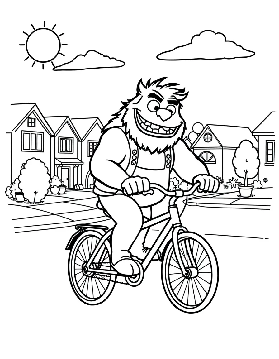 MrBeast riding a bicycle through a sunny neighborhood – a fun and kid-friendly coloring page.