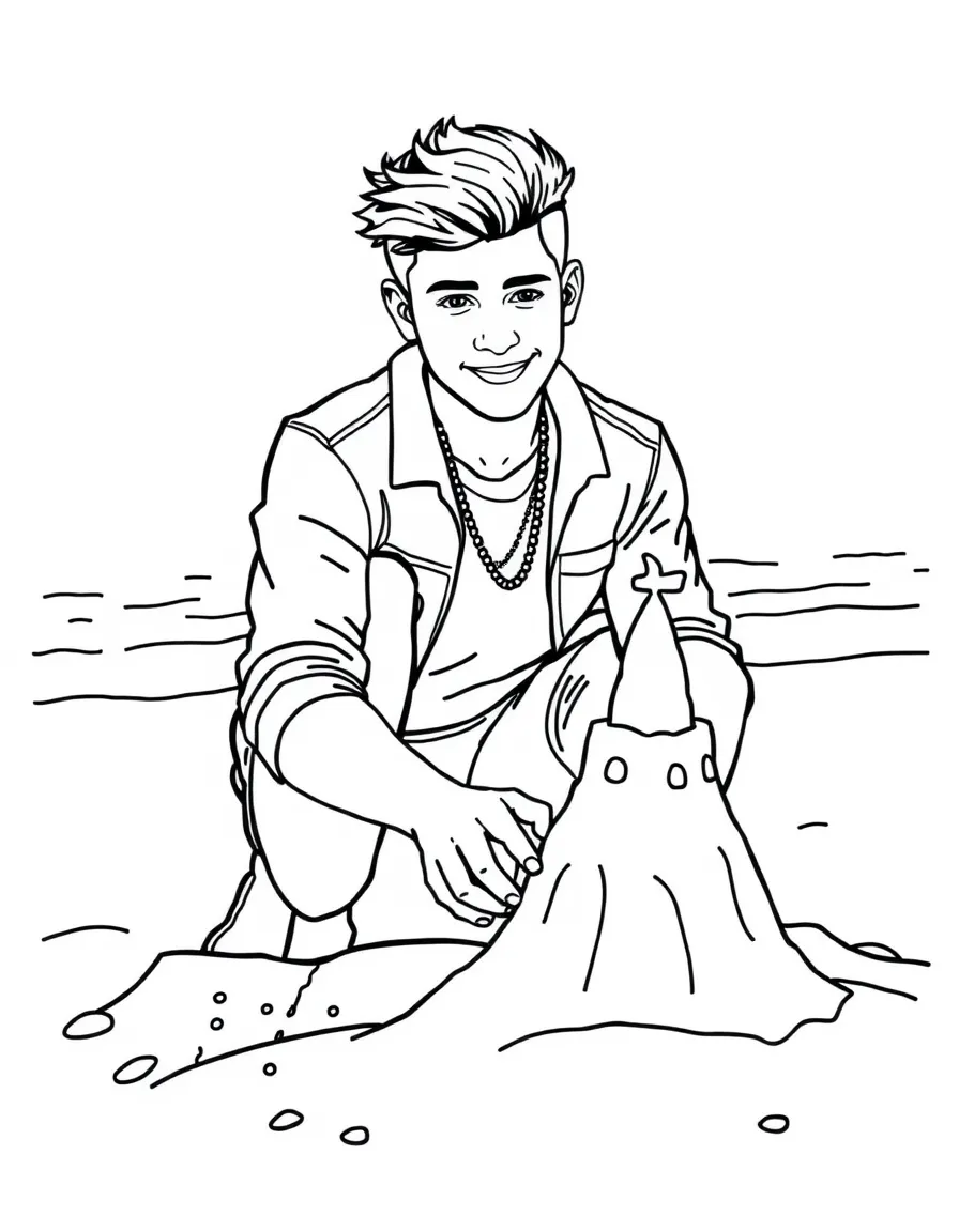 Shawn Mendes building a sandcastle at the beach – a fun and kid-friendly coloring page.