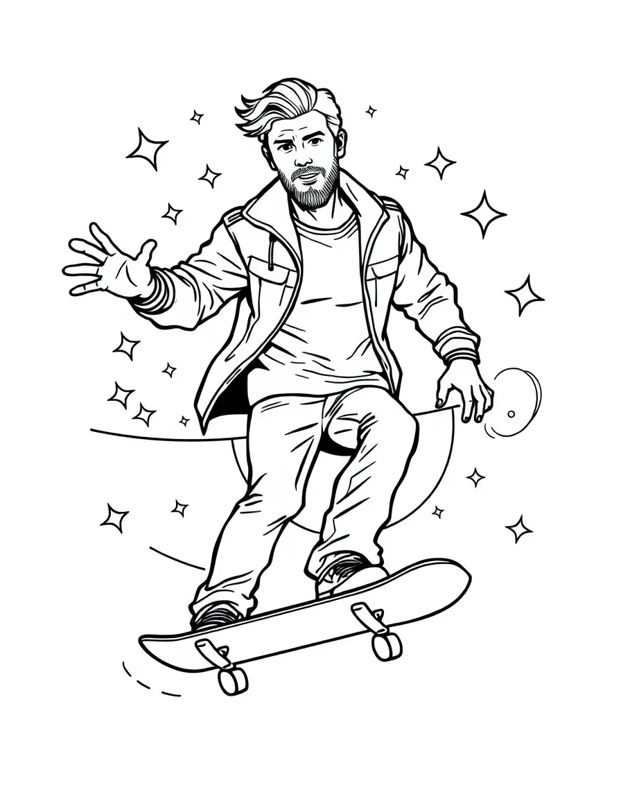Chris Hemsworth skateboarding at a skate park with stars and swirls around – a fun and kid-friendly coloring page.