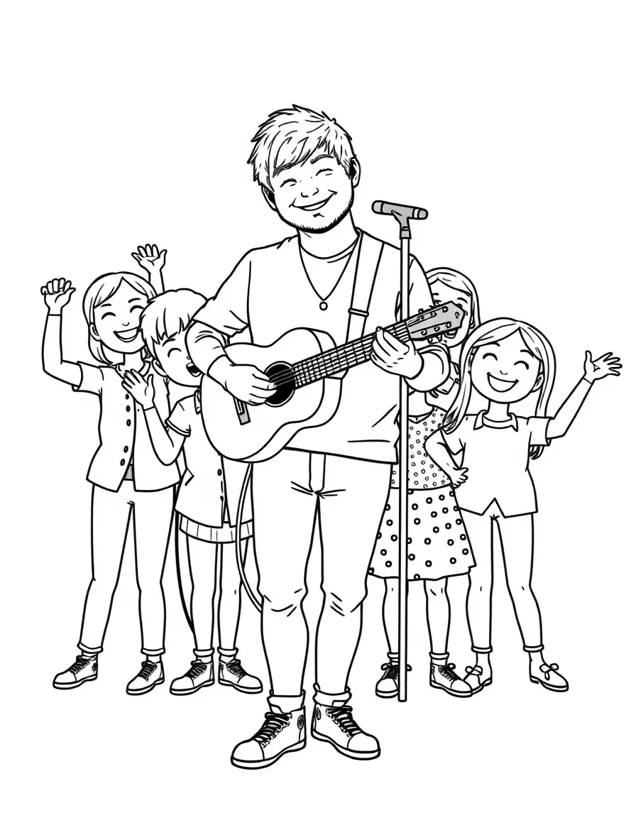 Ed Sheeran posing with cartoon versions of their fans – a fun and kid-friendly coloring page.