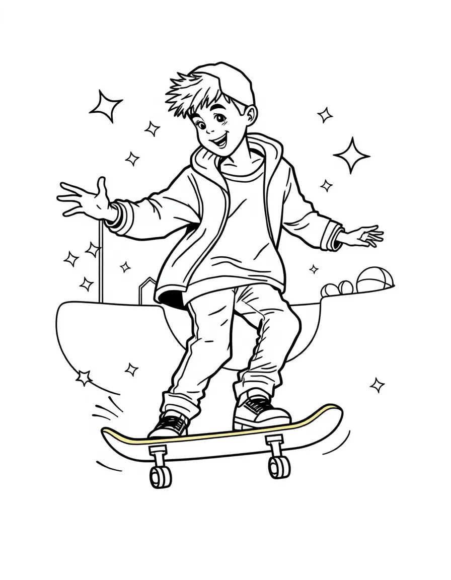 Justin Bieber skateboarding at a skate park with stars and swirls around – a fun and kid-friendly coloring page.