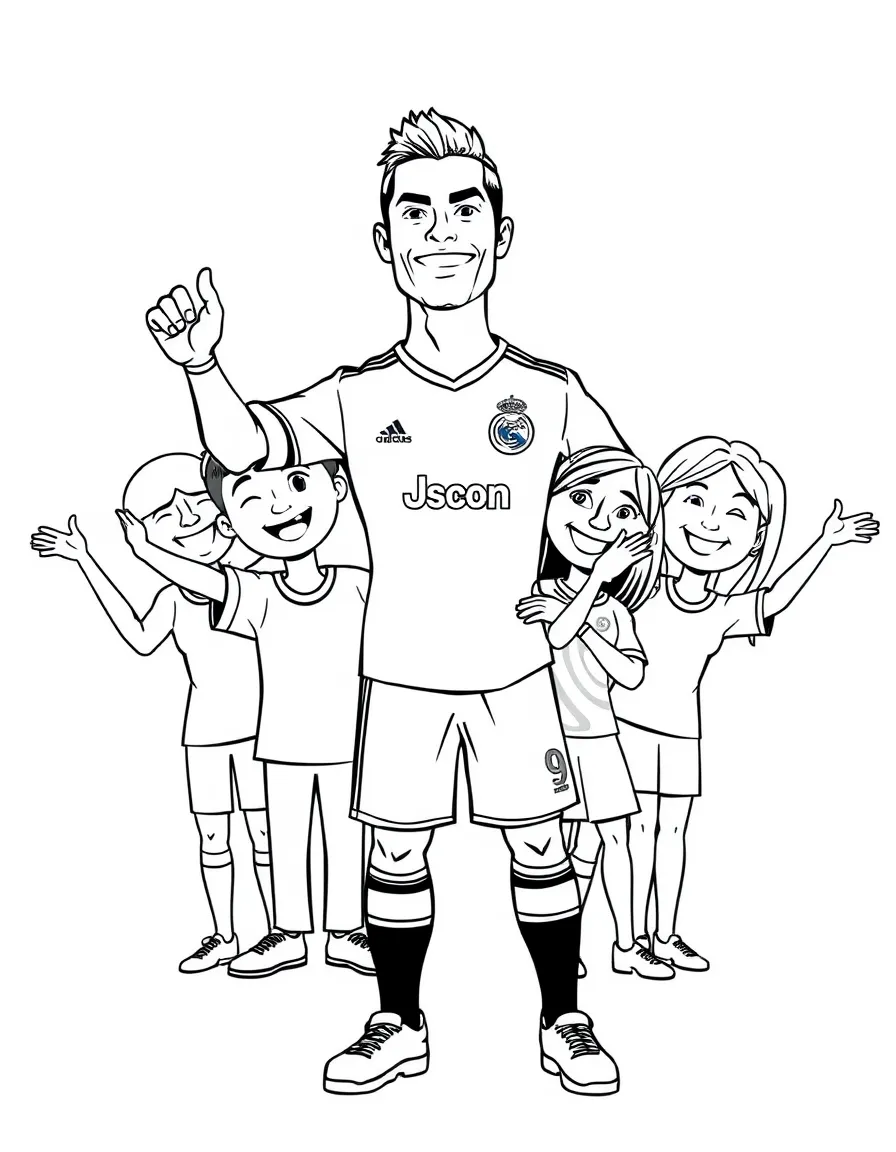Cristiano Ronaldo posing with cartoon versions of their fans – a fun and kid-friendly coloring page.