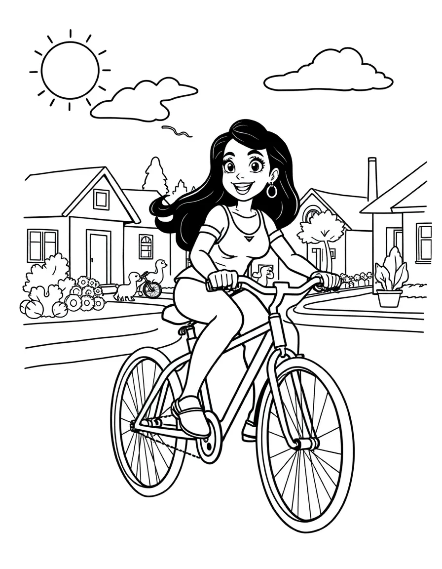 Dua Lipa riding a bicycle through a sunny neighborhood – a fun and kid-friendly coloring page.