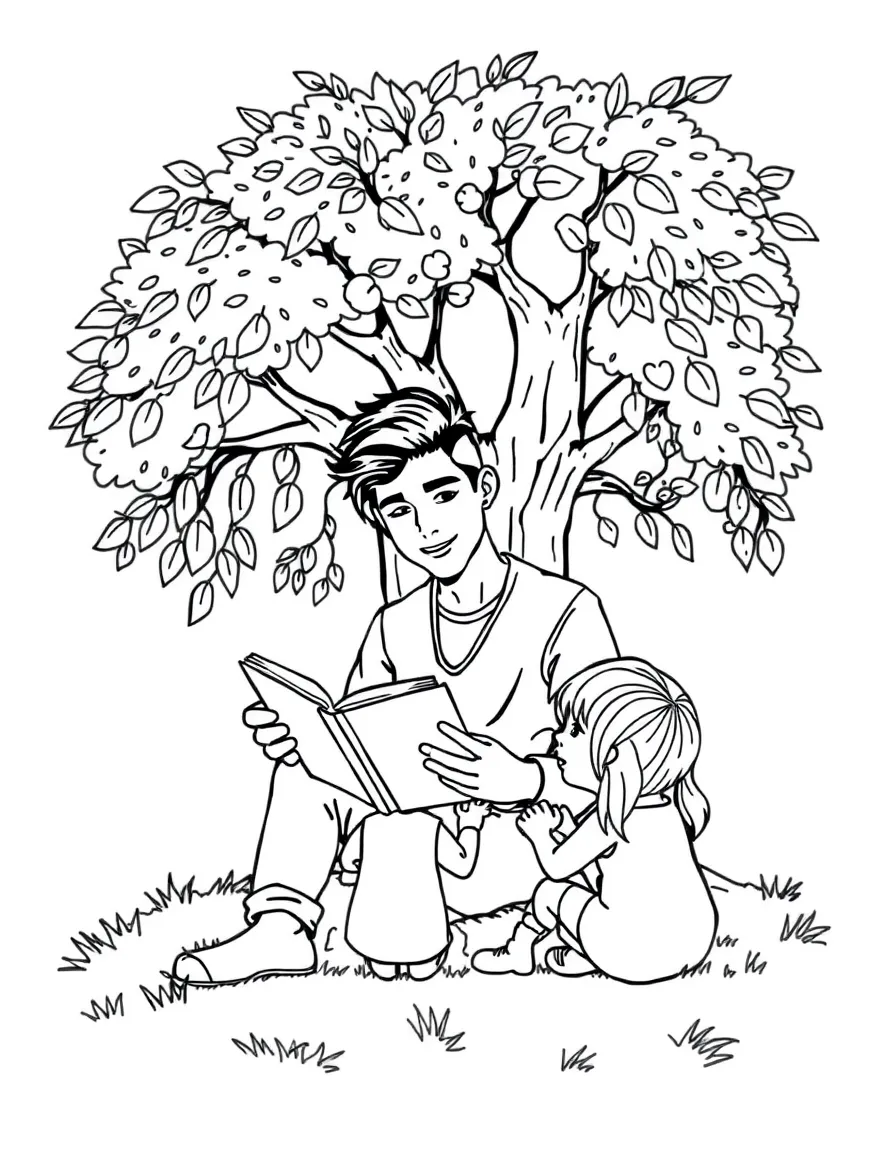 Shawn Mendes reading a storybook to children under a tree – a fun and kid-friendly coloring page.