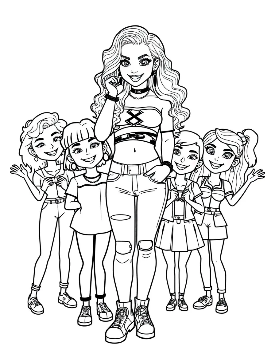 Zendaya posing with cartoon versions of their fans – a fun and kid-friendly coloring page.