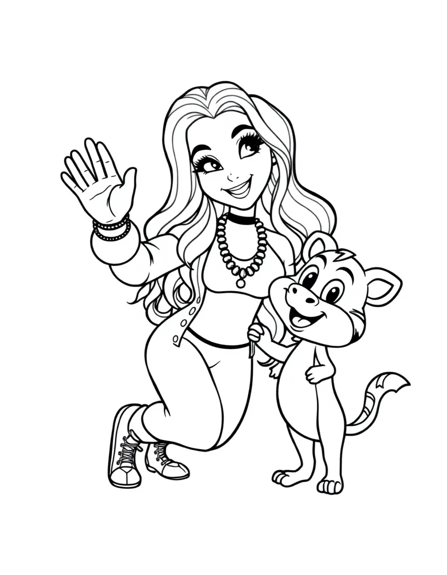 Shakira giving a high five to a cartoon animal friend – a fun and kid-friendly coloring page.
