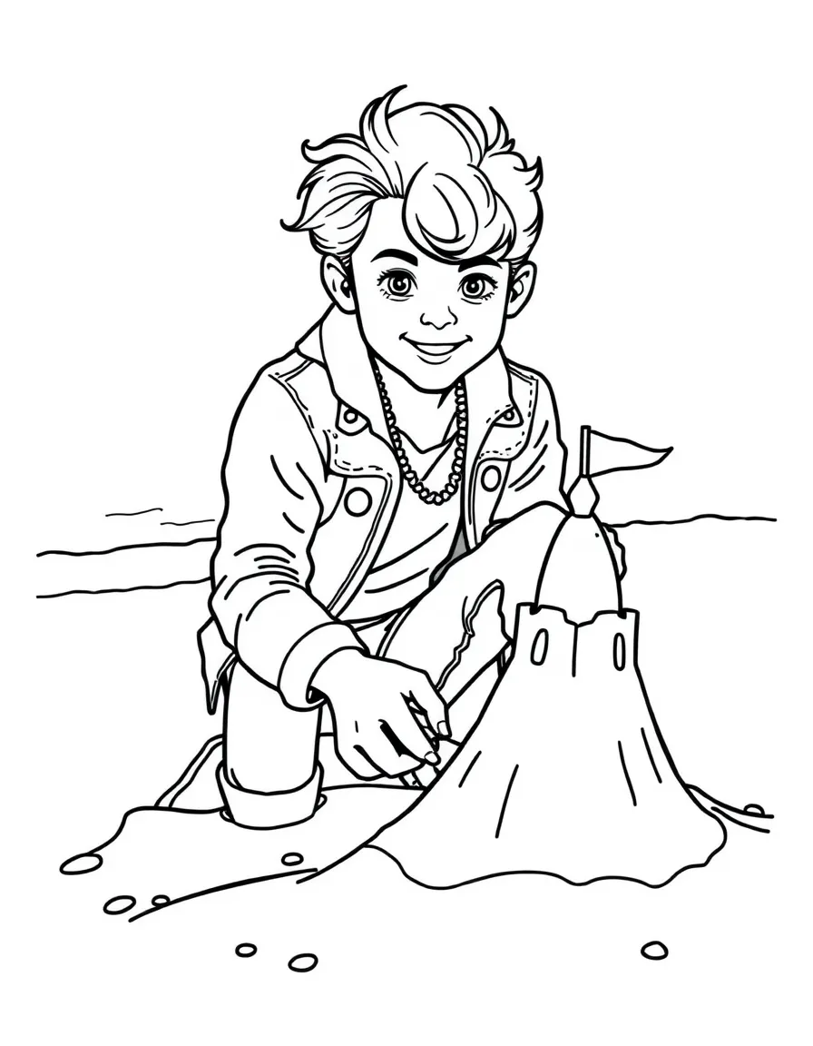 Harry Styles building a sandcastle at the beach – a fun and kid-friendly coloring page.