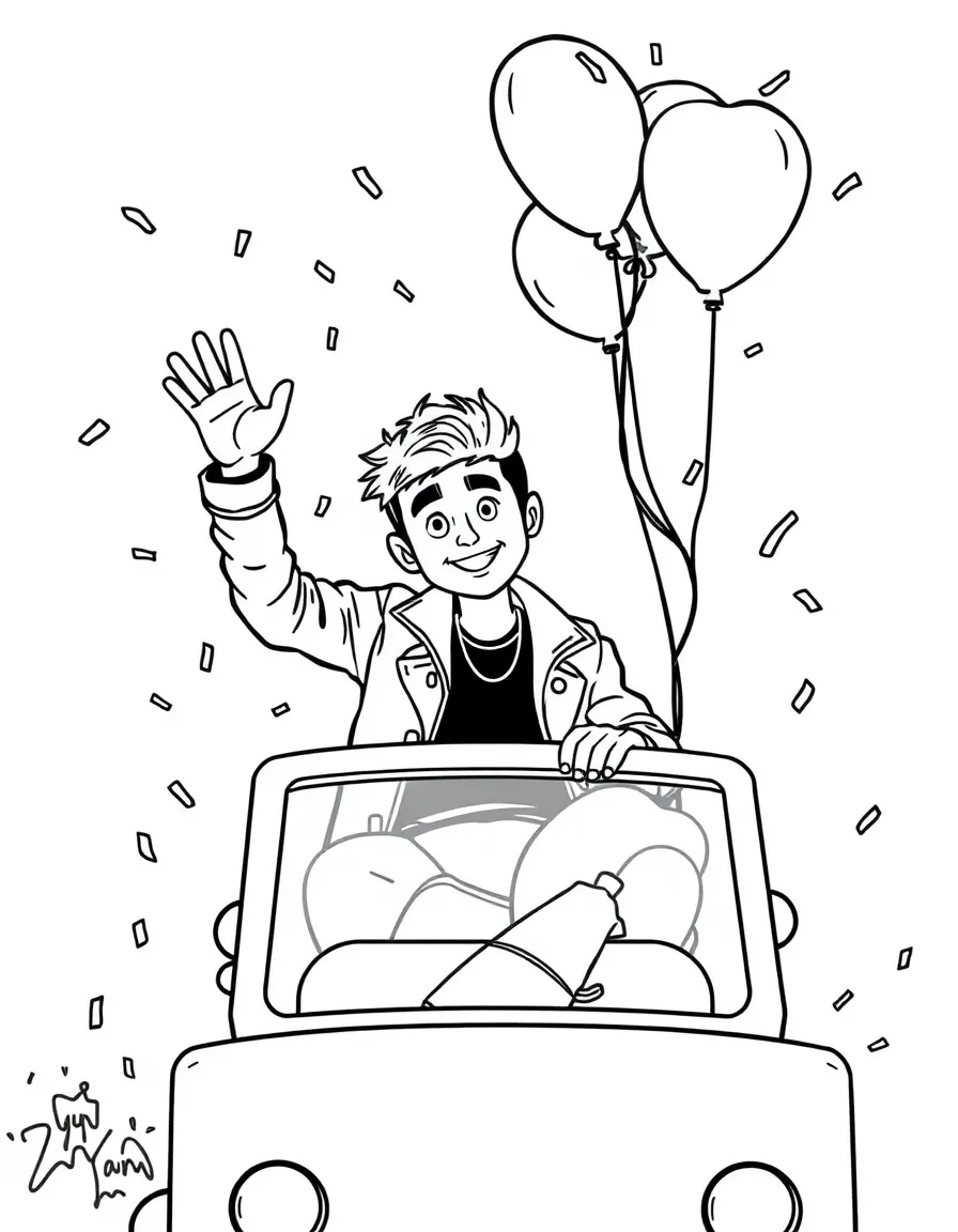 Zayn Malik waving from a parade float with balloons and confetti – a fun and kid-friendly coloring page.