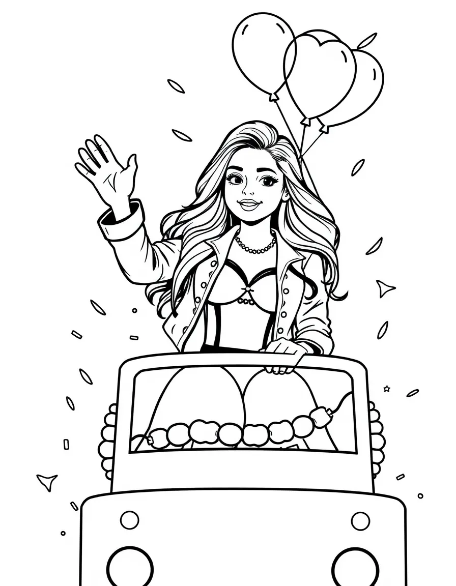 Selena Gomez waving from a parade float with balloons and confetti – a fun and kid-friendly coloring page.