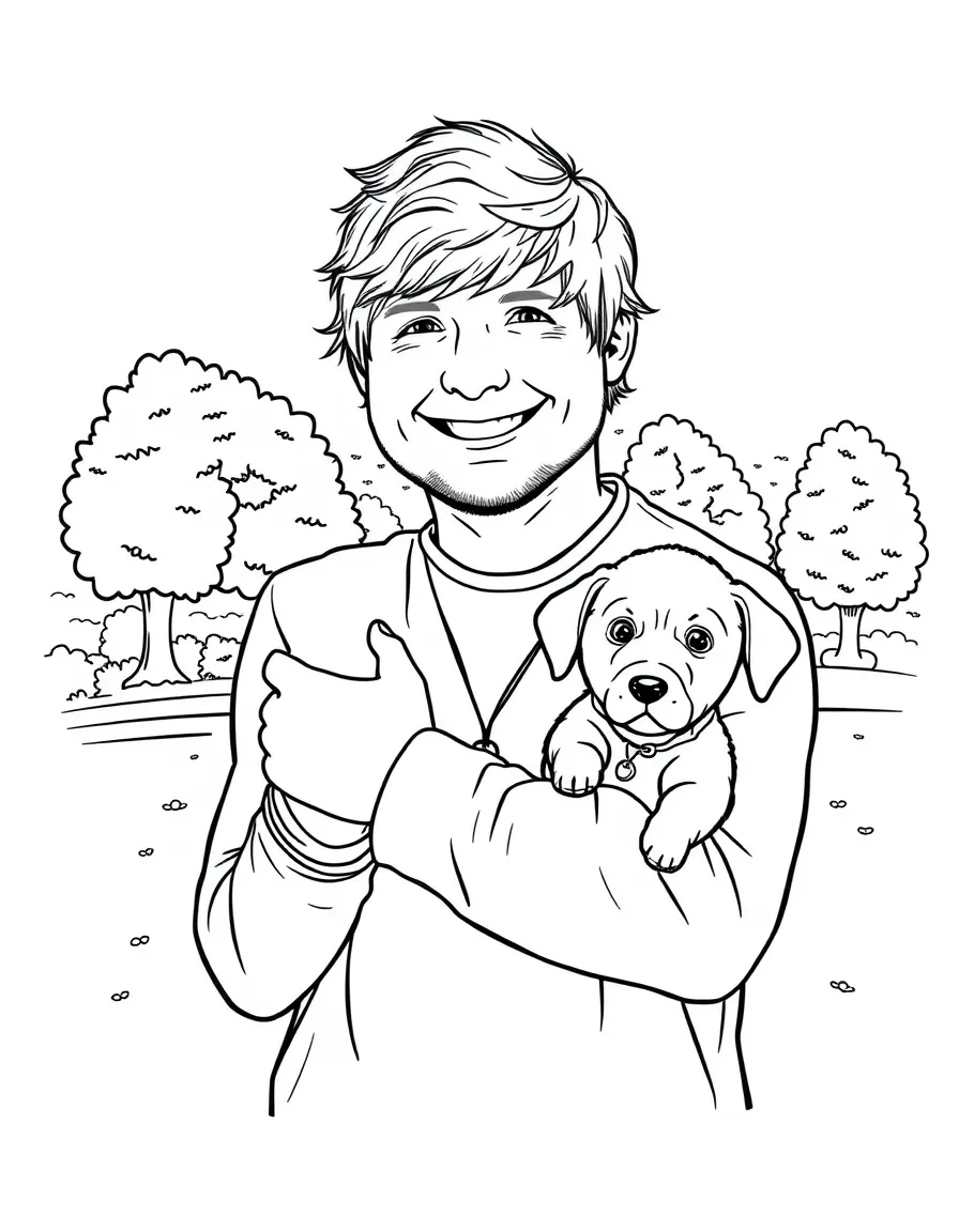 Ed Sheeran smiling and holding a puppy with a park background – a fun and kid-friendly coloring page.