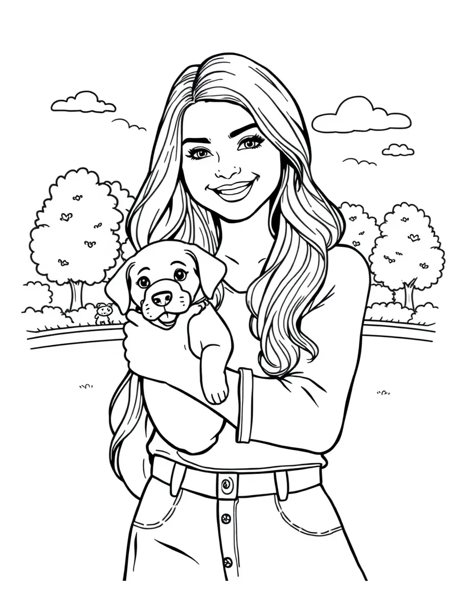 Selena Gomez smiling and holding a puppy with a park background – a fun and kid-friendly coloring page.