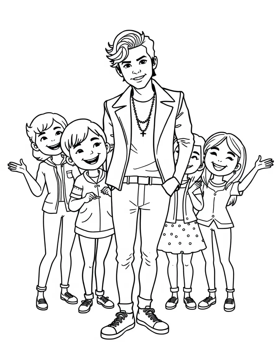 Harry Styles posing with cartoon versions of their fans – a fun and kid-friendly coloring page.