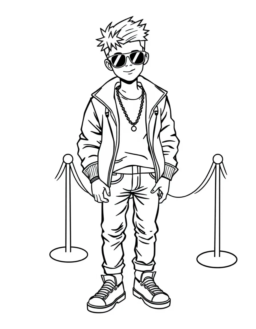 Justin Bieber posing with sunglasses and a cool outfit on the red carpet – a fun and kid-friendly coloring page.