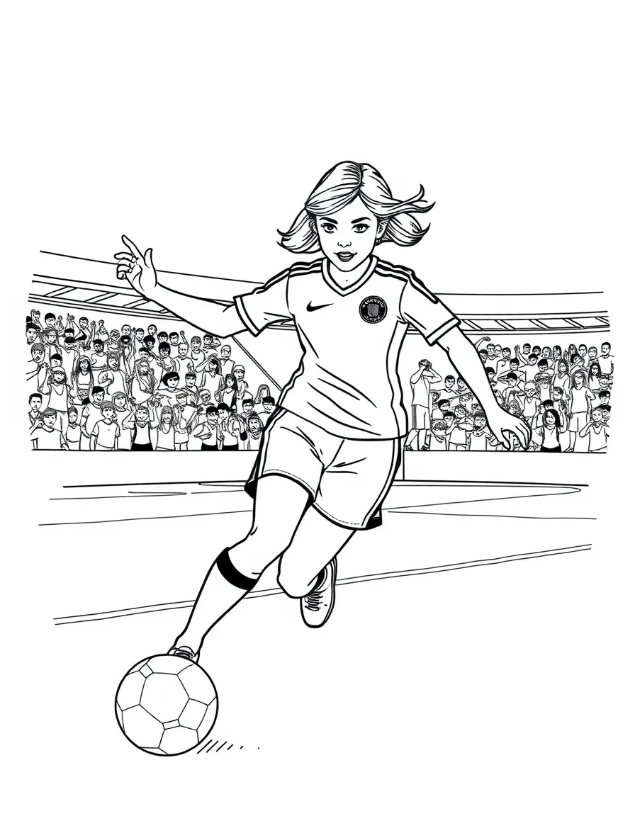 Emma Watson playing soccer on a field with cheering fans in the stands – a fun and kid-friendly coloring page.