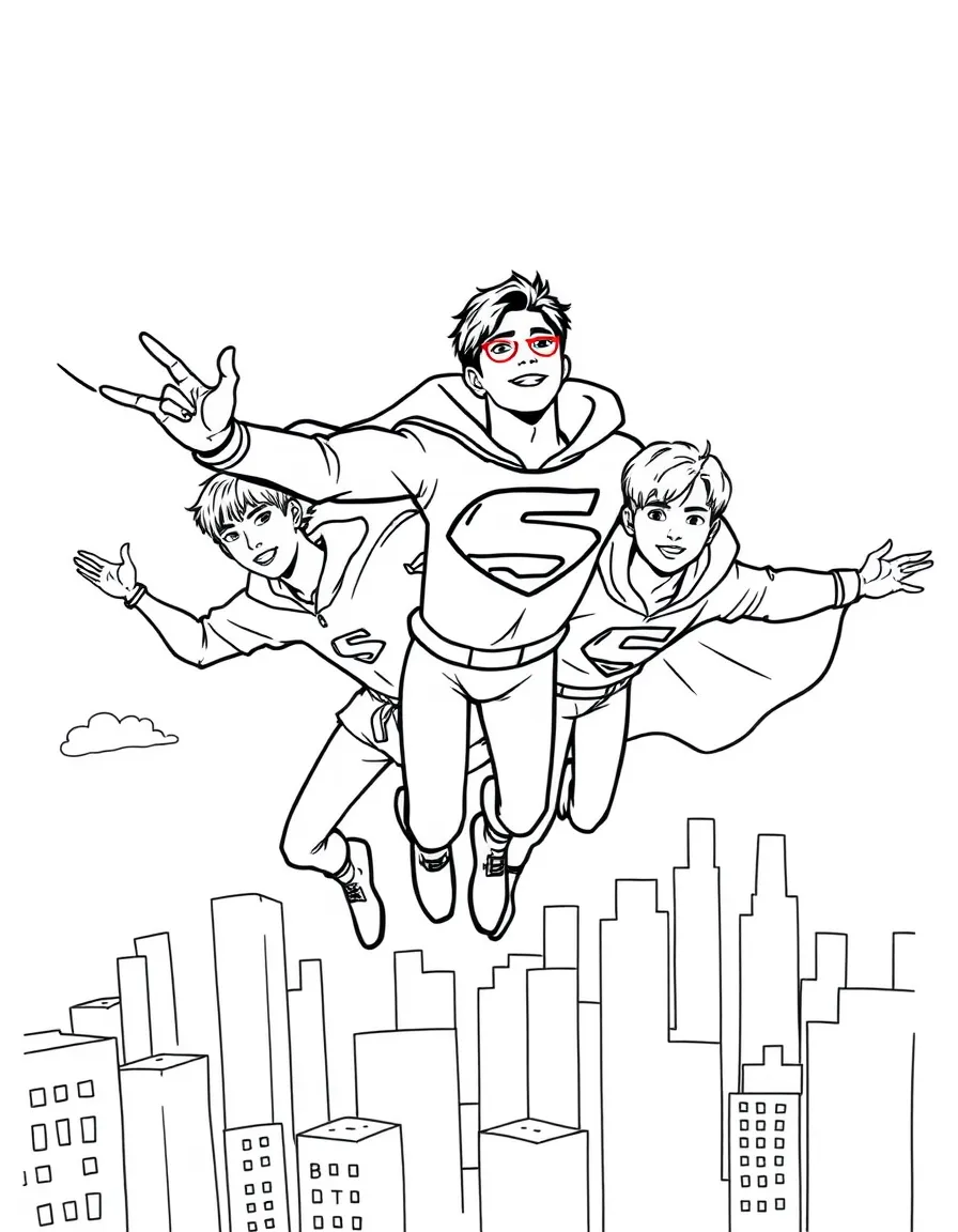 BTS Members wearing a superhero cape and flying over a cityscape – a fun and kid-friendly coloring page.