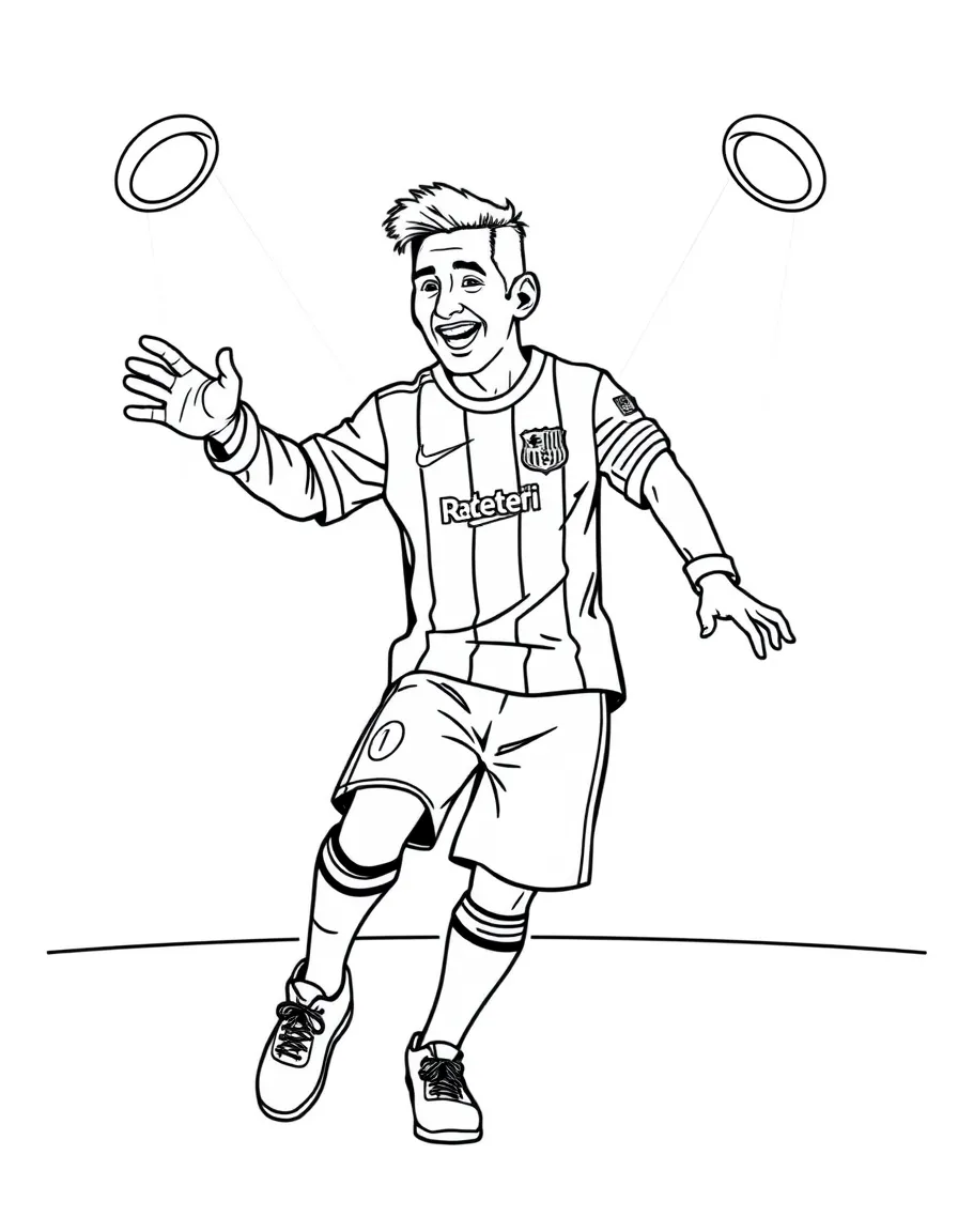 Lionel Messi dancing on a stage with spotlights and fun outfits – a fun and kid-friendly coloring page.
