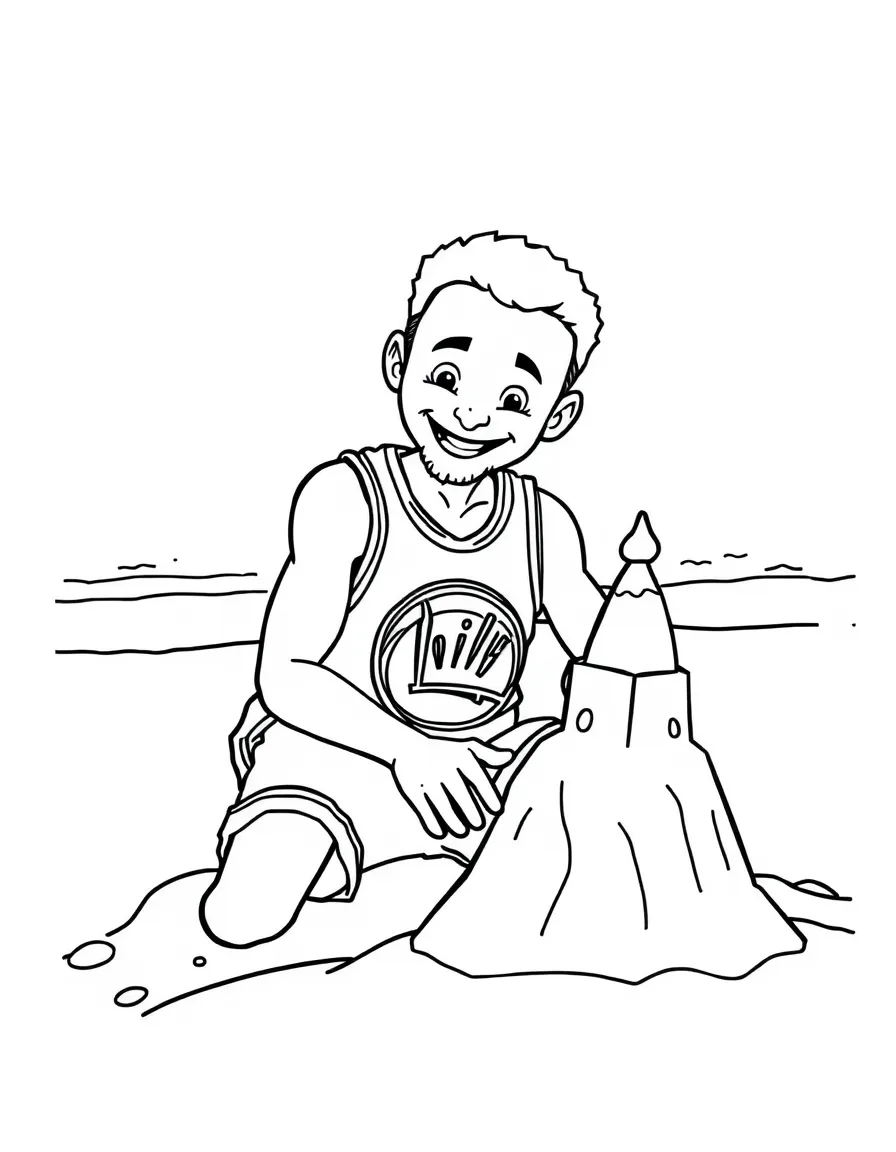 Stephen Curry building a sandcastle at the beach – a fun and kid-friendly coloring page.