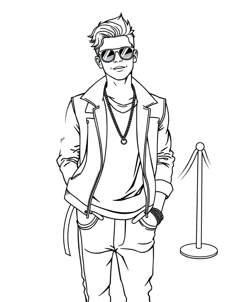 Taylor Lautner posing with sunglasses and a cool outfit on the red carpet – a fun and kid-friendly coloring page.