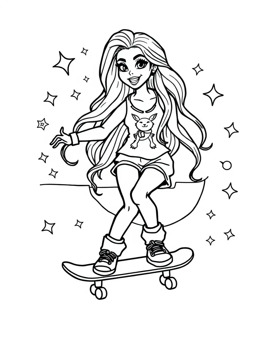 Shakira skateboarding at a skate park with stars and swirls around – a fun and kid-friendly coloring page.