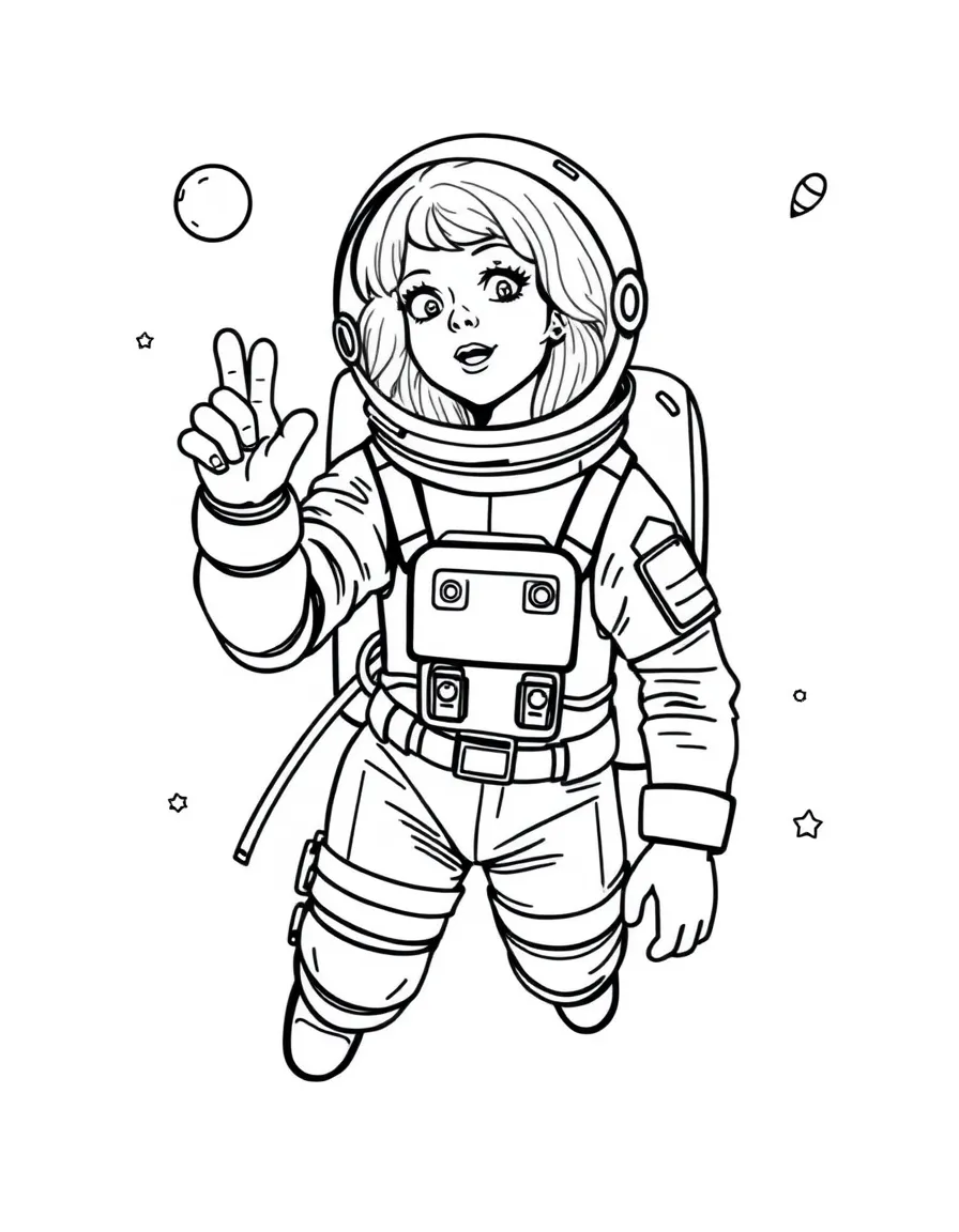 Emma Stone exploring space in an astronaut suit – a fun and kid-friendly coloring page.
