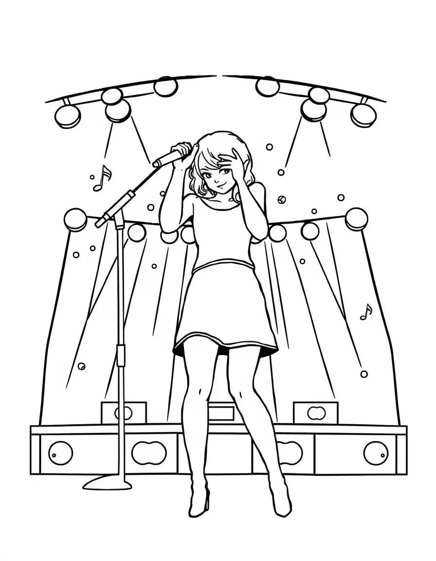 Taylor Swift singing on a big concert stage with musical notes and lights – a fun and kid-friendly coloring page.