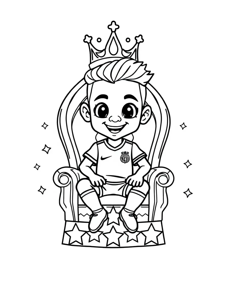Neymar Jr. sitting on a throne made of stars with a crown – a fun and kid-friendly coloring page.