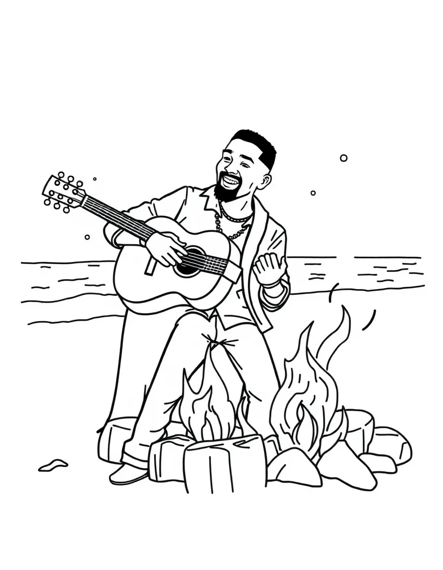 Will Smith playing guitar at a beach bonfire – a fun and kid-friendly coloring page.