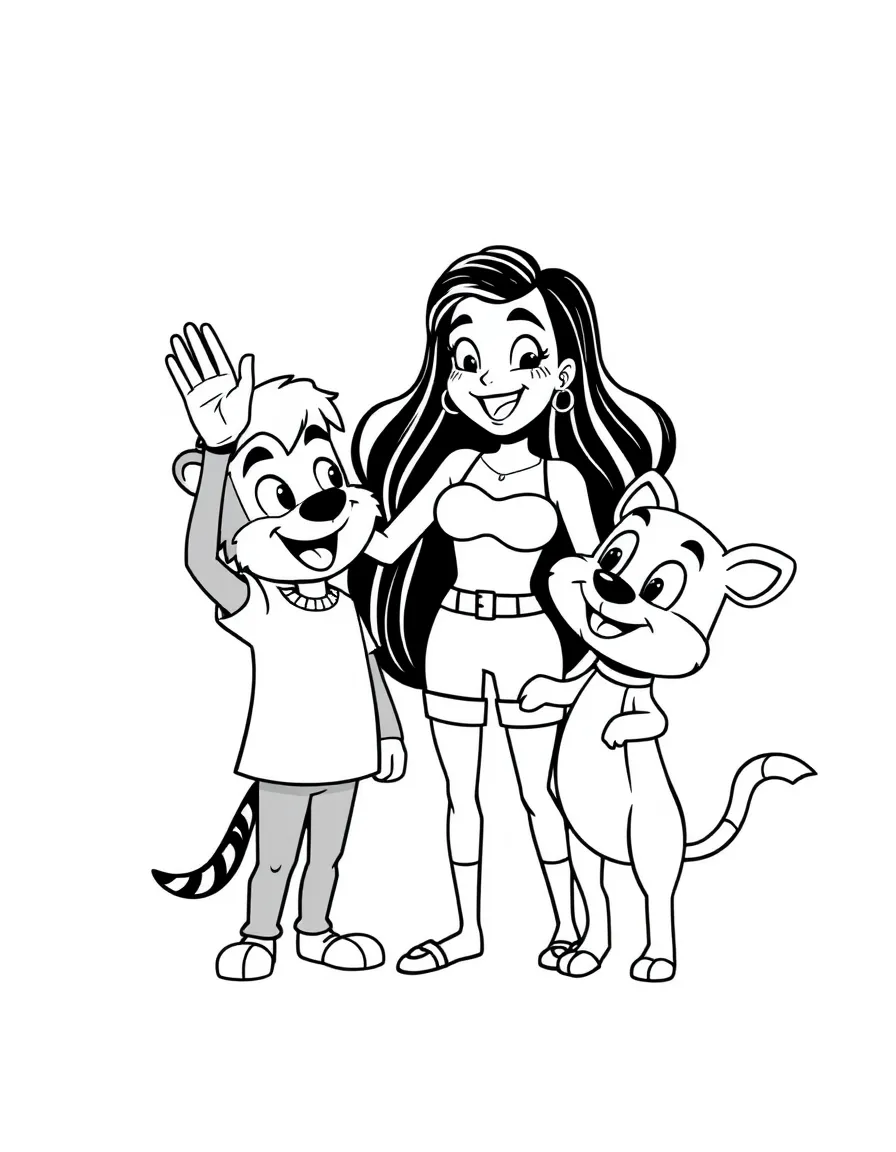 Dua Lipa giving a high five to a cartoon animal friend – a fun and kid-friendly coloring page.